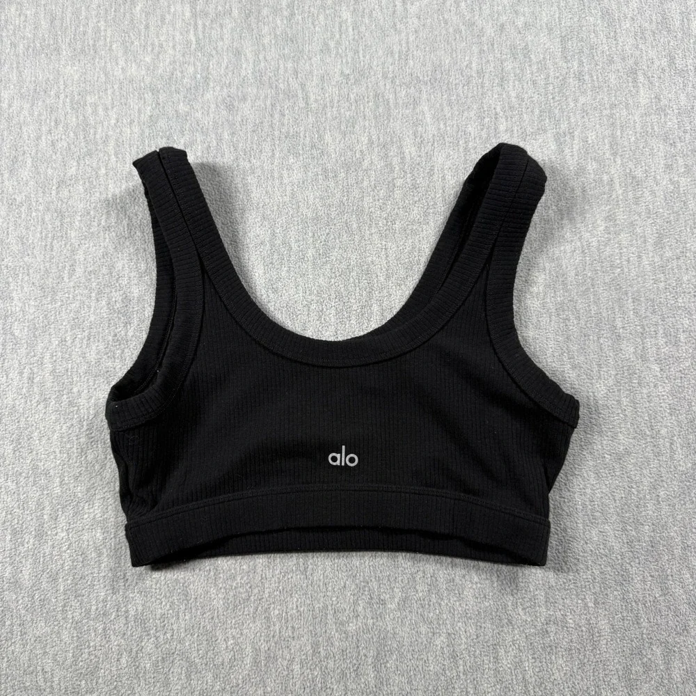 Alo Yoga Sports Bra Womens M Black Ribbed Seamless Scoop Neck Workout Crop Top